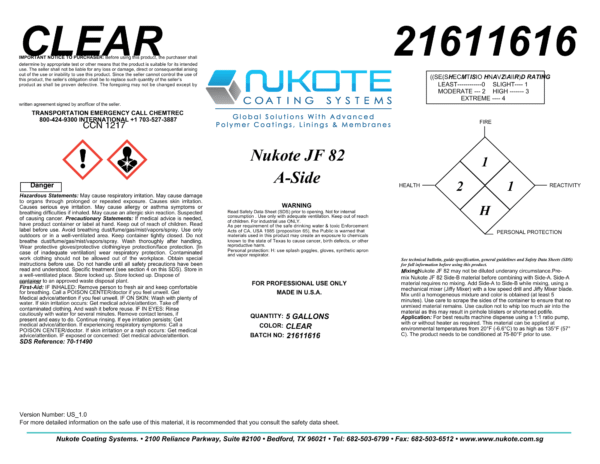 NUKOTE | JF 82 | 180G | SPRAY REACTOR REQUIRED